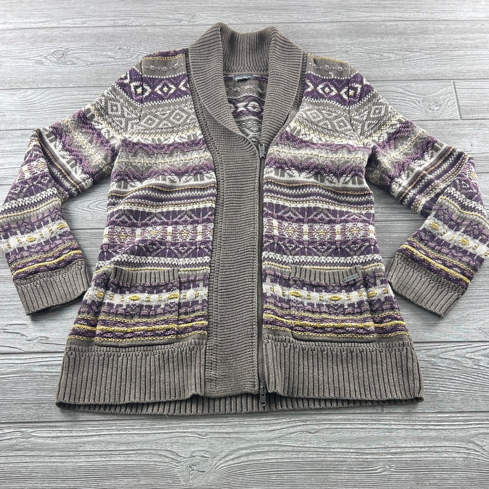 Eddie Bauer Womens Large Fair Isle Full Zip Cardigan Sweater Purple Cotton Shawl